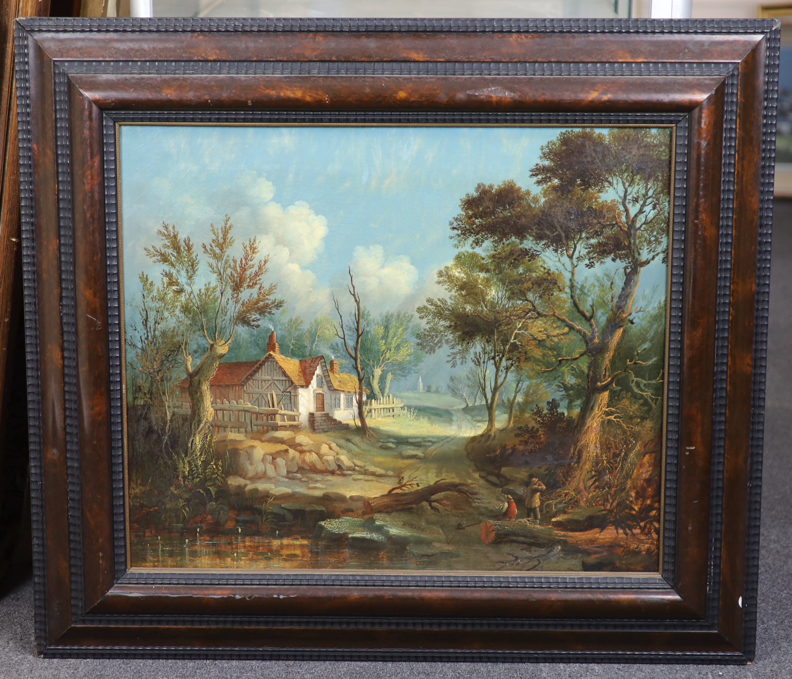 Williams (18th / 19th. C), oil on canvas, Rural landscape with woodlanders, signed and dated 1814, housed in a veneered and ebonised frame, 49 x 59cm